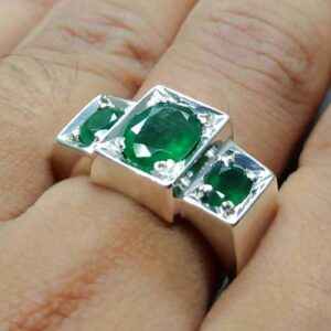 Natural 4 Carat Zambian Emerald Men’s Three Stone Ring