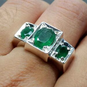 Natural 4 Carat Zambian Emerald Men’s Three Stone Ring