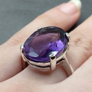 Oval Cut 18 Carat Deep Purple Lab Amethyst Sterling Silver 925, 14k, 18k Gold Handmade Women Solitaire Ring
