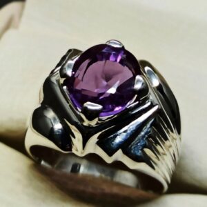 Oval Cut Deep Purple Created Alexandrite Sterling Silver 925, 14k, 18k Gold Handmade Mens Designed Ring