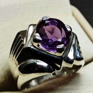 Oval Cut Deep Purple Created Alexandrite Sterling Silver 925, 14k, 18k Gold Handmade Mens Designed Ring
