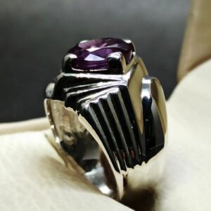 Oval Cut Deep Purple Created Alexandrite Sterling Silver 925, 14k, 18k Gold Handmade Mens Designed Ring
